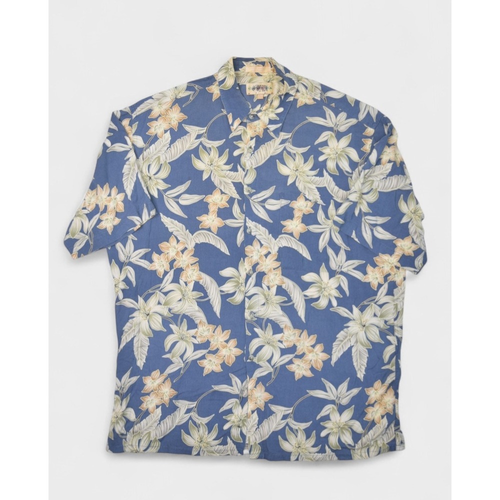 Campia Moda Shirt Mens Large Blue Rayon Floral Hawaiian Lightweight Beach Button